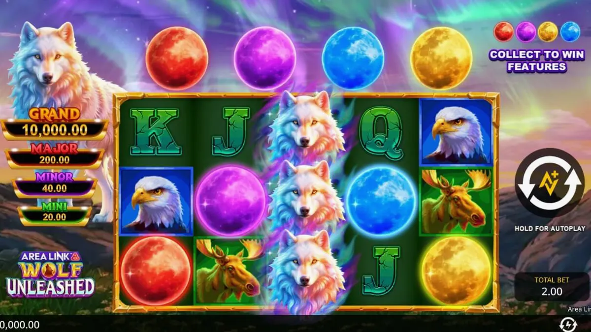 Cenário noturno com lobos e aurora boreal em Area Link Wolf Unleashed