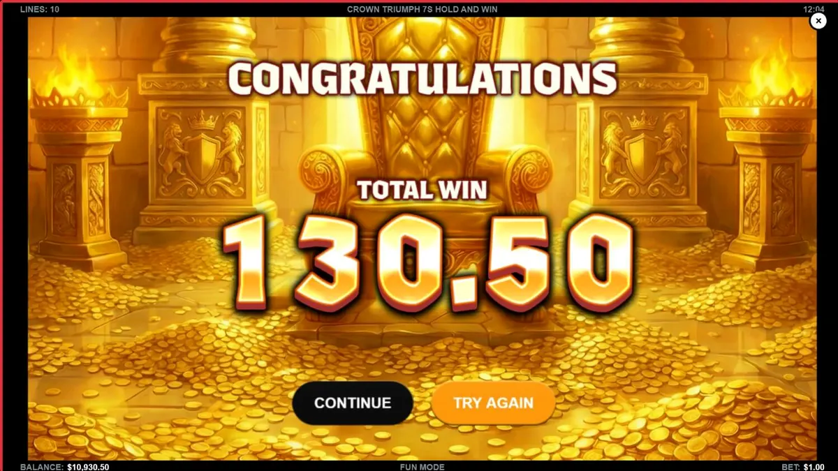 Interface do jogo Crown Triumph 7s Hold and Win com símbolos de frutas e 7s brilhantes